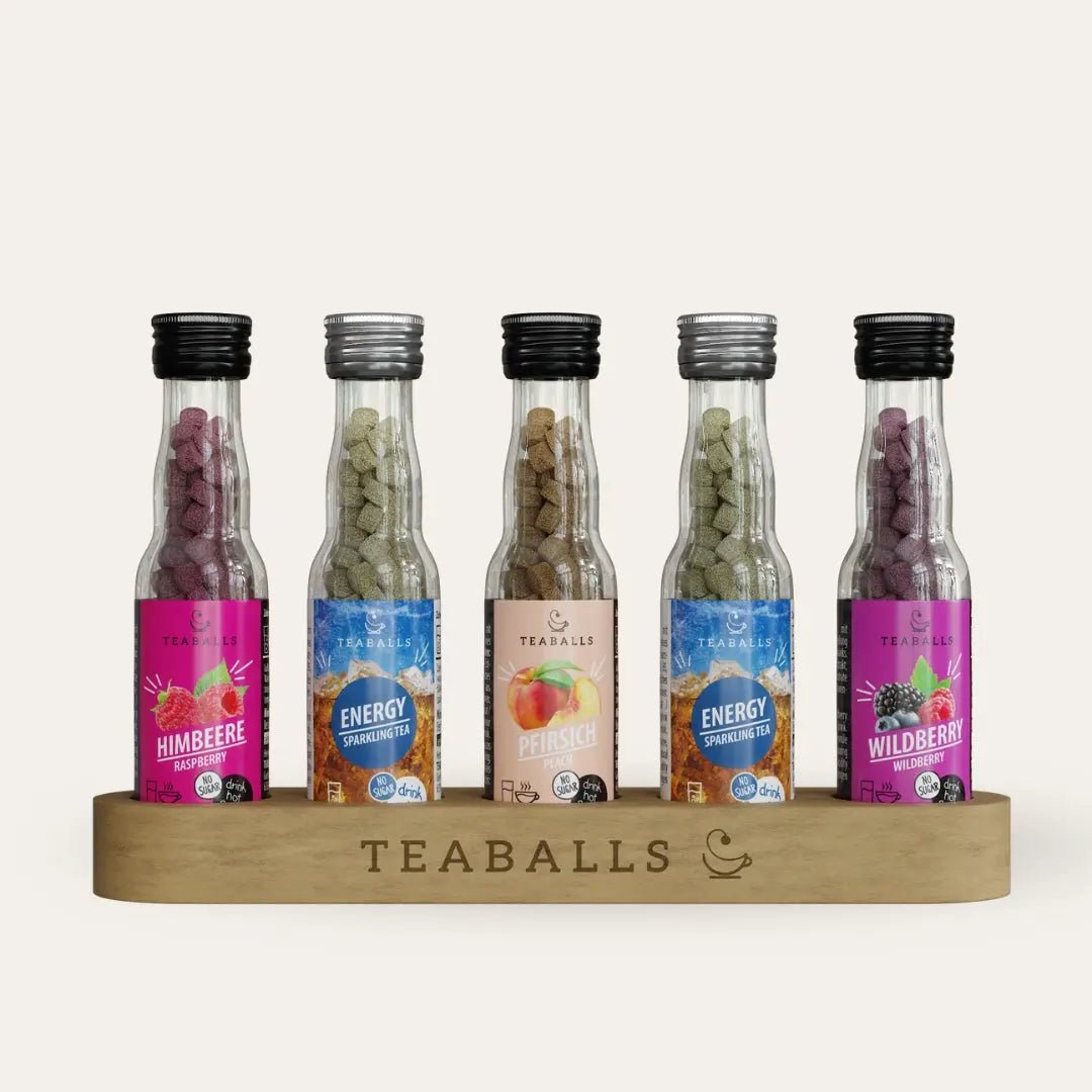 TEABALLS - 5er Set POWER BOOSTER - 2x ENERGY, HIMBEERE, PFIRSICH, WILDBERRY - TEABALLS GmbH