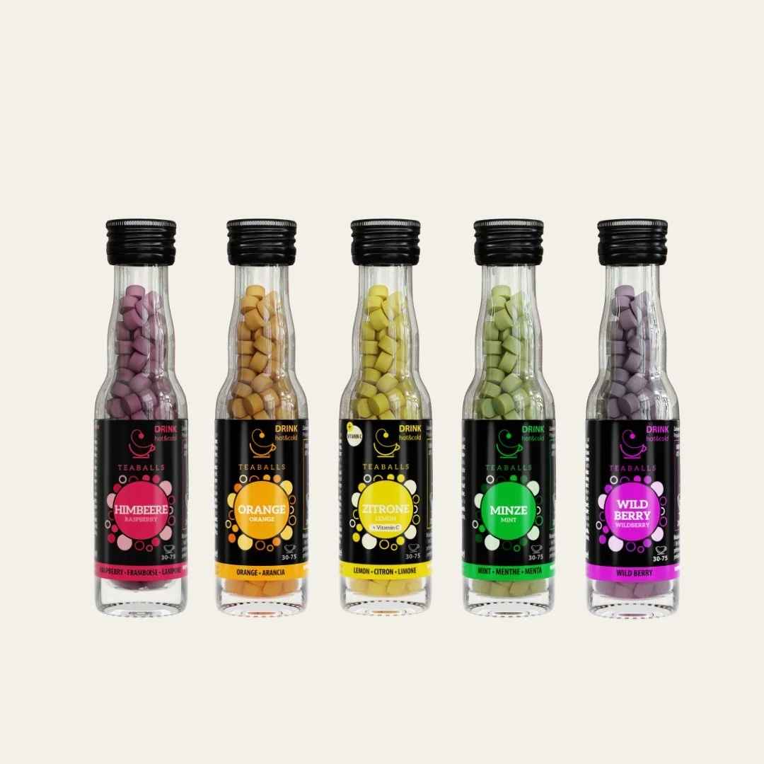 TEABALLS - 5er Set RAINBOW - HIMBEERE, ORANGE, ZITRONE, MINZE, WILDBERRY - Teaballs