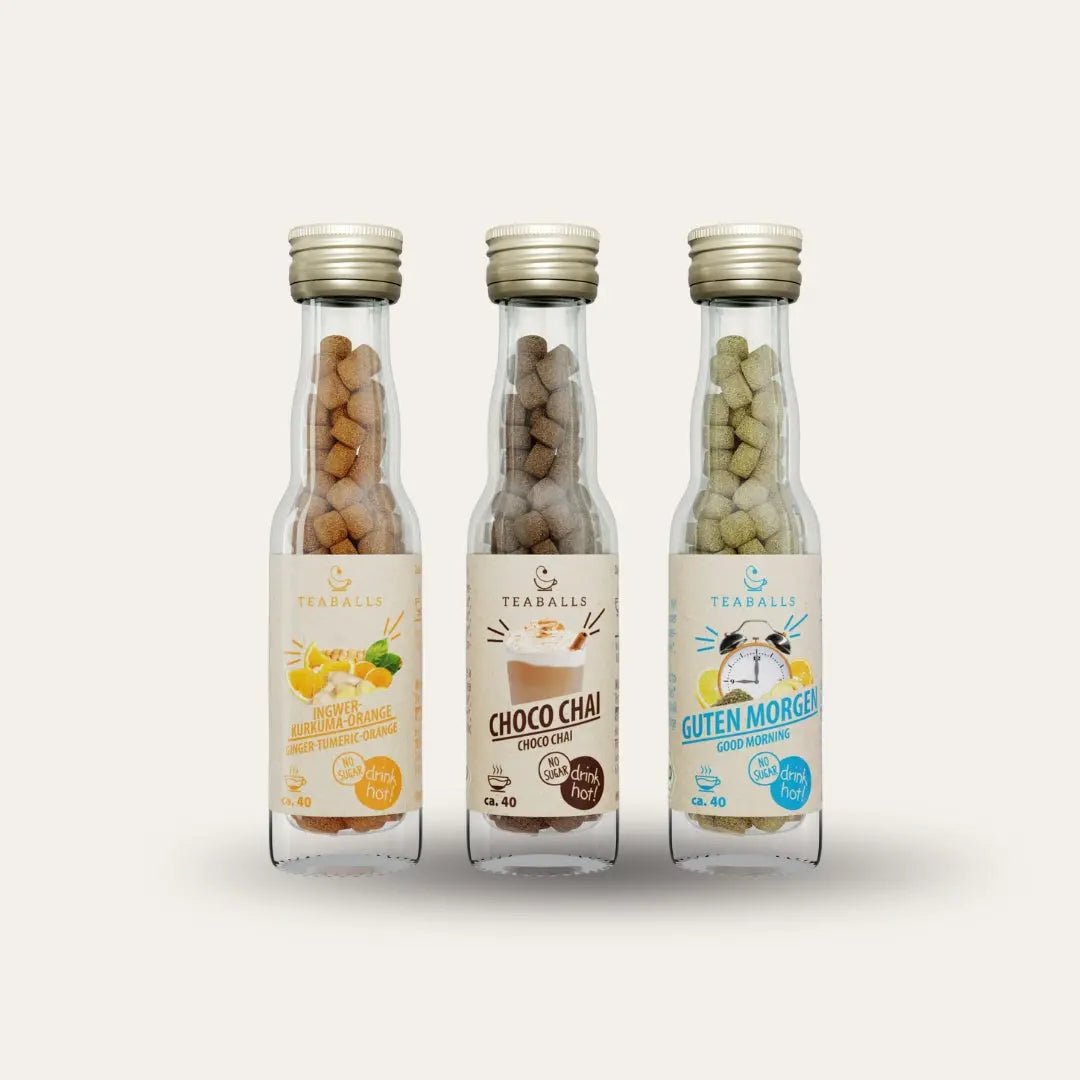 TEABALLS BIO - 3er Set FIT MIT PAM - INGWER KURKUMA ORANGE, CHOCO CHAI, GUTEN MORGEN TEE - TEABALLS GmbH