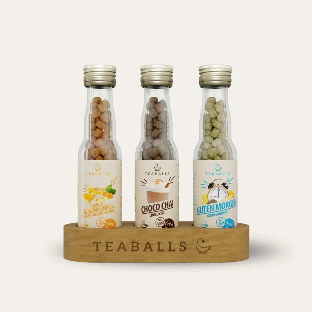 TEABALLS BIO - 3er Set FIT MIT PAM - INGWER KURKUMA ORANGE, CHOCO CHAI, GUTEN MORGEN TEE - TEABALLS GmbH