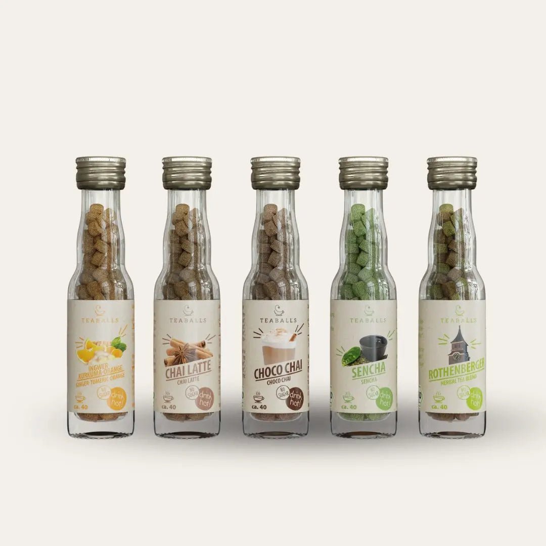 TEABALLS BIO - 5er Set SUPER FIT MIT PAM - INGWER KURKUMA ORANGE, CHAI LATTE, CHOCO CHAI, SENCHA, ROTHENBERGER KRÄUTERMIX - TEABALLS GmbH