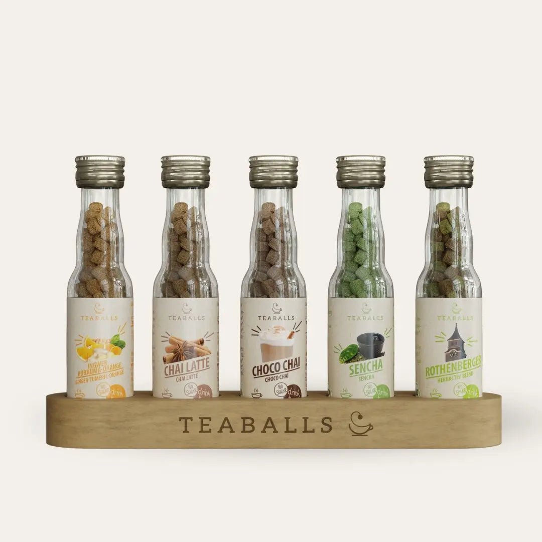 TEABALLS BIO - 5er Set SUPER FIT MIT PAM - INGWER KURKUMA ORANGE, CHAI LATTE, CHOCO CHAI, SENCHA, ROTHENBERGER KRÄUTERMIX - TEABALLS GmbH